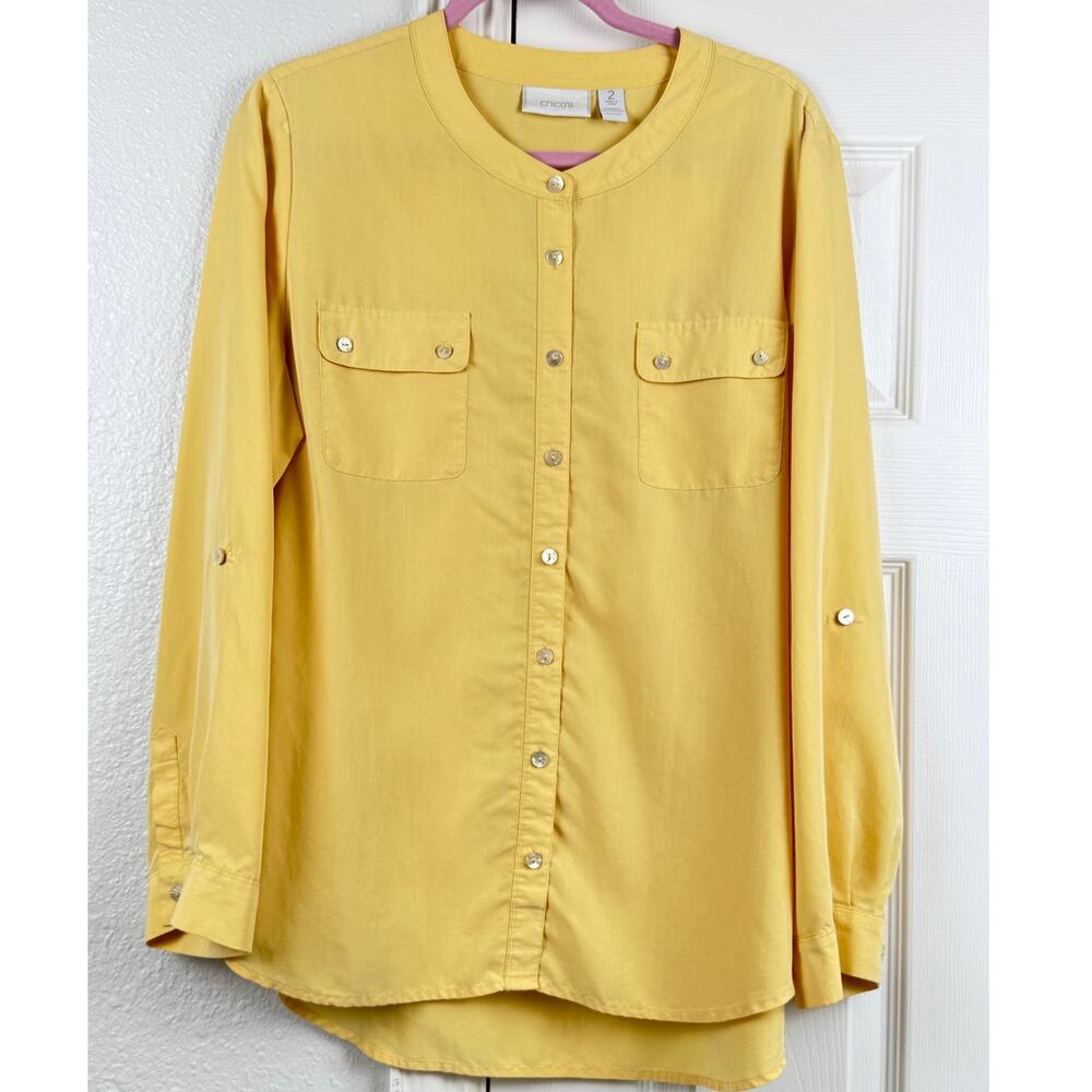 Chico's Yellow Button Front Utility Blouse Size 2 Large Roll Tab Sleeve